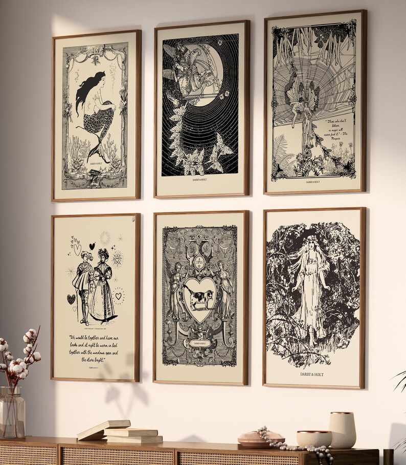 May include: Set of six black and white vintage illustrations printed on cream paper with black frames. The illustrations feature a mermaid, a couple, a cow, a woman in a forest, a woman in a web, and a woman in a carriage.