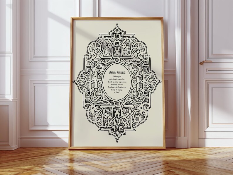 May include: Black and white printable art print featuring an intricate geometric design with a quote by Marcus Aurelius. The quote reads "Who is wise? He who learns from everyone."
