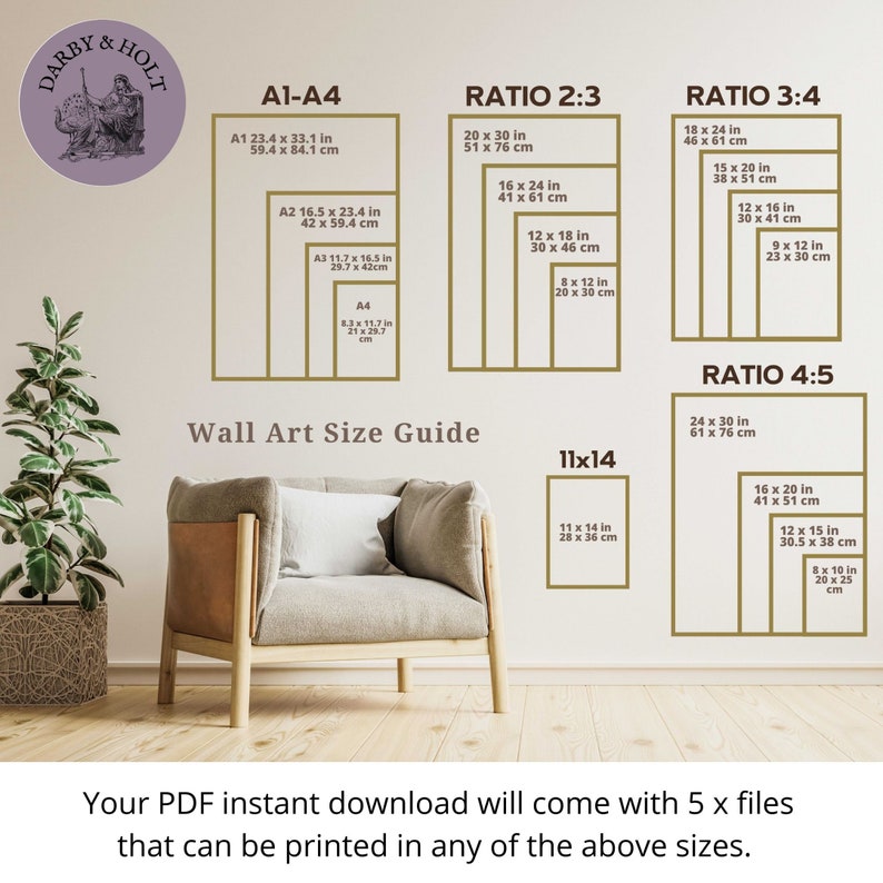May include: A wall art size guide with different ratios and measurements in inches and centimetres. The guide includes sizes for A1, A2, A3, A4, 11x14, 2:3, 3:4, and 4:5 ratios.