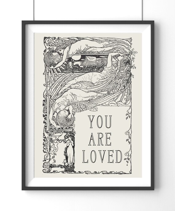 You Are Loved Wall Art, Vintage Inspirational Digital Print, Self Love Poster, Gift for Bestie, Gift for Her, Black Beige Aesthetic Decor