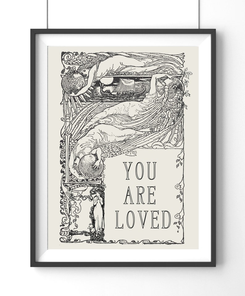 May include: Black and white illustration of a vintage design with the text "You are loved" in the center.
