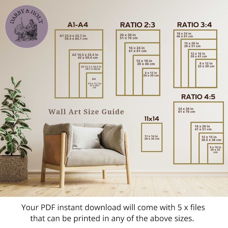 May include: A wall art size guide with different ratios and measurements in inches and centimeters. The guide includes sizes for A1, A2, A3, A4, 11x14, 2:3, 3:4, and 4:5 ratios. The guide is displayed on a wall with a chair in front of it.