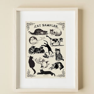 May include: A black and white printable digital download of a vintage cat sampler illustration. The image features a variety of cats in different poses, including a cat playing with a mouse, a cat sitting on a windowsill, and a cat sleeping on a rug. The text "Cat Sampler" is printed at the top of the image.