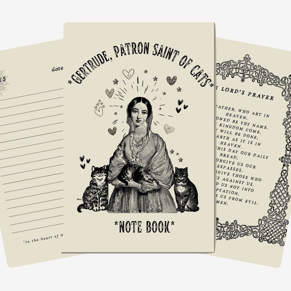 Sint Gertrude van Nijvel Notitieboek, Patroonheilige van Katten, Notebook afdrukbaar, Digitale Download, Katholieke briefpapier, Cat Lover Gift