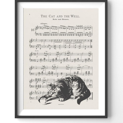 Vintage Art Prints Cat Large Wall Art Digital Download Pussycat Old Sheet Music Whimsical Kitten Antique Print Gift for Cat and Music Lover