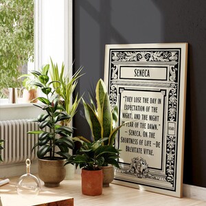 May include: Black and white framed print with a quote by Seneca: "They lose the day in expectation of the night, and the night in fear of the dawn." Seneca, On the Shortness of Life - De Brevitate Vitae.