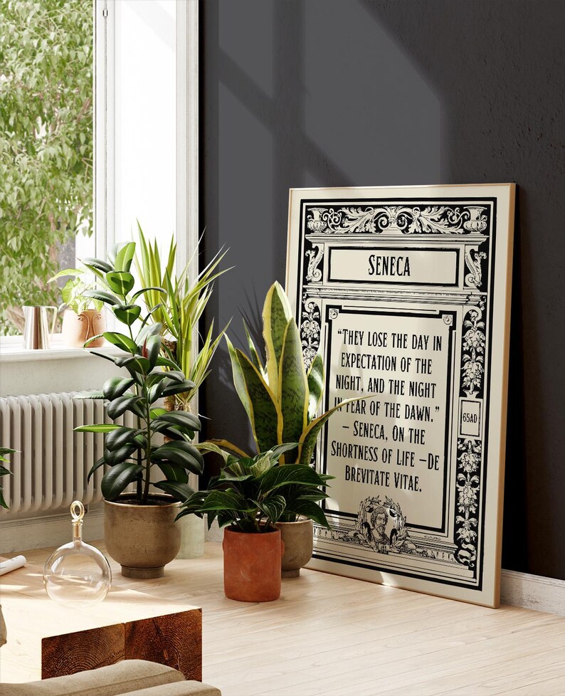 May include: Black and white framed print with a quote by Seneca: "They lose the day in expectation of the night, and the night in fear of the dawn." Seneca, On the Shortness of Life - De Brevitate Vitae.