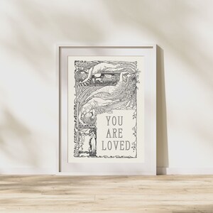 May include: A black and white printable art print with an intricate design featuring stylized figures and the text "YOU ARE LOVED".