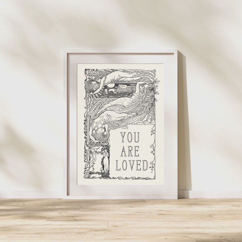 May include: A black and white printable art print with an intricate design featuring stylized figures and the text "YOU ARE LOVED".