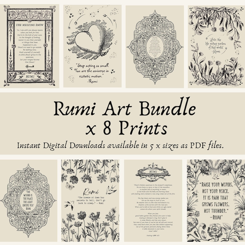 Subject Design Rumi Rumi Art Bundle Set 8 X Prints + BONUS, Rumi Wall Art Quotes, Sufi ...