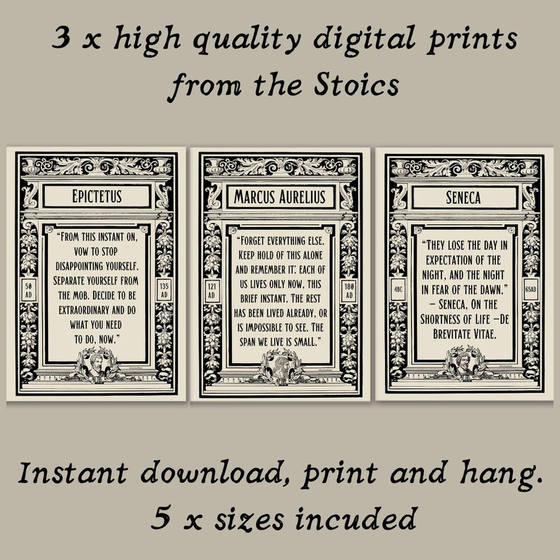 May include: Three black and white printable quotes from famous Stoic philosophers: Epictetus, Marcus Aurelius, and Seneca. The quotes are framed in ornate black frames with white backgrounds. The text reads: "From this instant on, vow to stop disappointing yourself. Separate yourself from the mob. Decide to be extraordinary and do what you need to do, now." - Epictetus. "Forget everything else. Keep hold of this alone and remember it: Each of us lives only now, this brief instant. The rest has been lived already, or is impossible to see. The span we live is small." - Marcus Aurelius. "They lose the day in expectation of the night, and the night in fear of the dawn." - Seneca, on the shortness of life - De Brevitate Vitae.