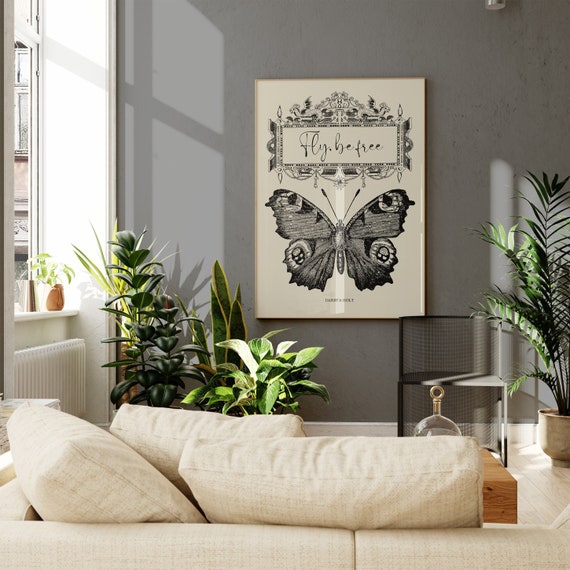 Fly Be Free Inspirational Quote Motivational Wall Art Free to Fly Quote, Vintage Neutral Color Butterfly Gift, Home Decor Art Gift Inspo