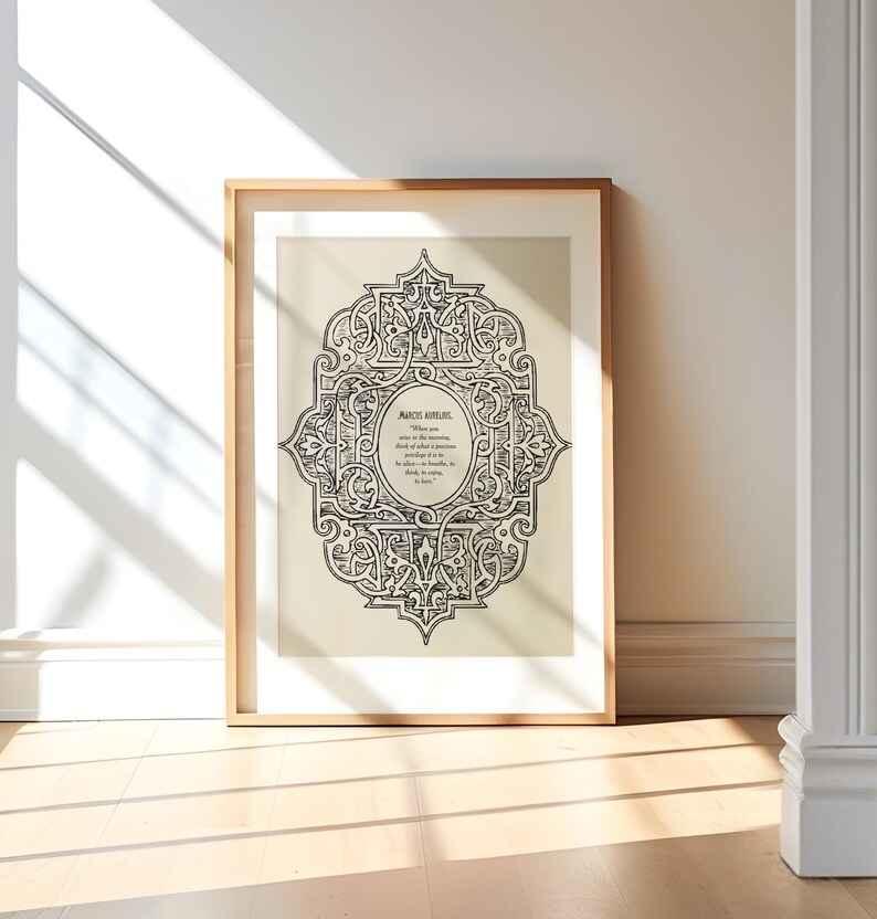 May include: A framed print with a black and white intricate design in the center. The design is surrounded by a quote from Marcus Aurelius: "When you arise in the morning think of what a precious privilege it is to be alive - to breathe, to think, to enjoy, to love."
