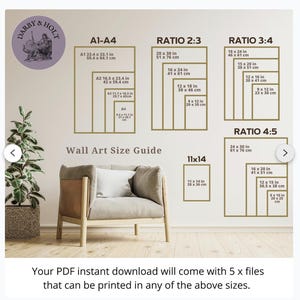 May include: A wall art size guide with different ratios and sizes in inches and centimeters. The guide includes sizes for A1, A2, A3, A4, 11x14, 2:3, 3:4, and 4:5 ratios. The guide is displayed on a wall with a chair in front of it.