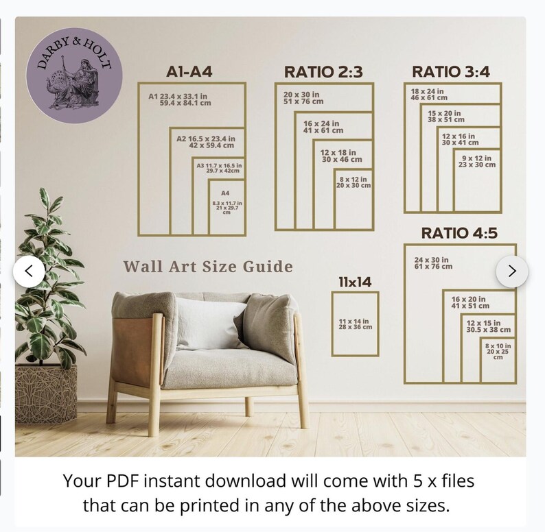 May include: A wall art size guide with different ratios and sizes in inches and centimeters. The guide includes sizes for A1, A2, A3, A4, 11x14, 2:3, 3:4, and 4:5 ratios. The guide is displayed on a wall with a chair in front of it.