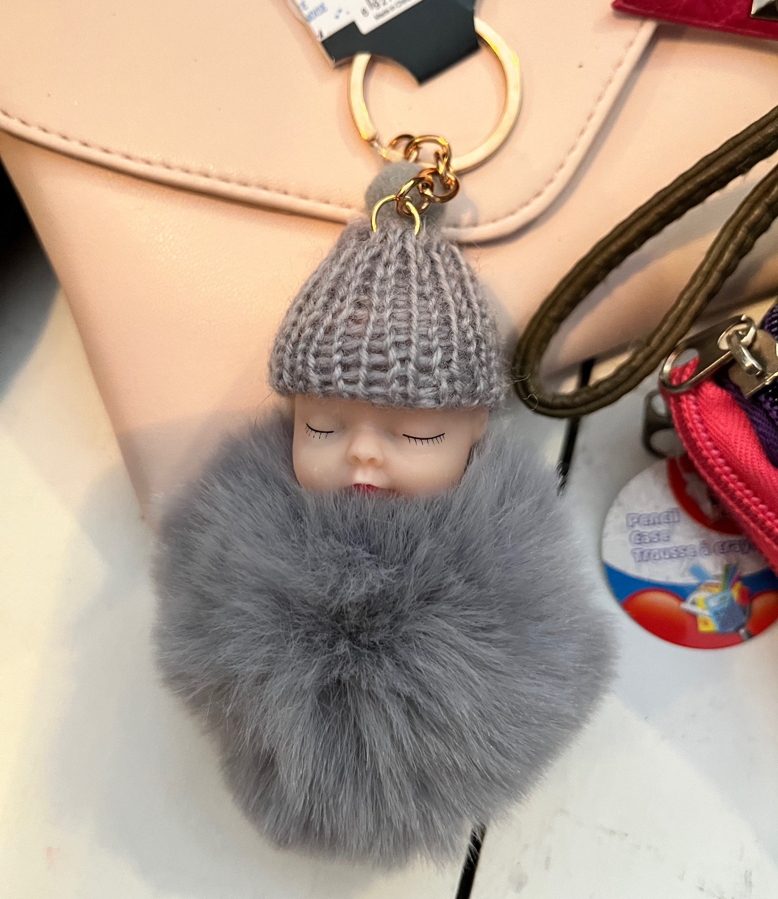 Faux Rabbit Fur Pom Pom Keychain Fashion Fox Head Keychain With Rhinestones  For Womens Bag, School Bag, Cellphone Or Car Pendant