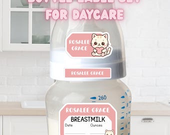 Waterproof Baby Bottle Label Set for Daycare – Cartoon Kitten, Write-On/Erasable/Smudge-proof