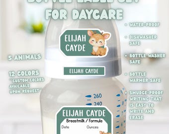 Waterproof Baby Bottle Label Set for Daycare – Woodland Animals, Write-On/Erasable/Smudge-proof