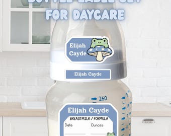 Waterproof Baby Bottle Label Set for Daycare – Frog on a Mushroom, Write-On/Erasable/Smudge-proof