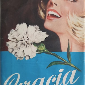 Può includere: Una confezione rettangolare che presenta il ritratto di una persona bionda, un garofano bianco e un logo quadrato rosso con il testo Patria Strumpfe. La sezione blu inferiore mostra il testo Gracia Nahtlos Feinstrumpf, Mit echter, eingearbeiteter Ferse, Vollelastischer Dehnungsausgleich.