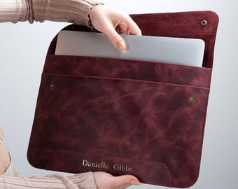 Personalized Leather Sleeve Bag for Macbook Pro, Handmade Laptop Case For MacBook Air, M2/M1 Pro/Max, Air - Personalized Gifts for Mom