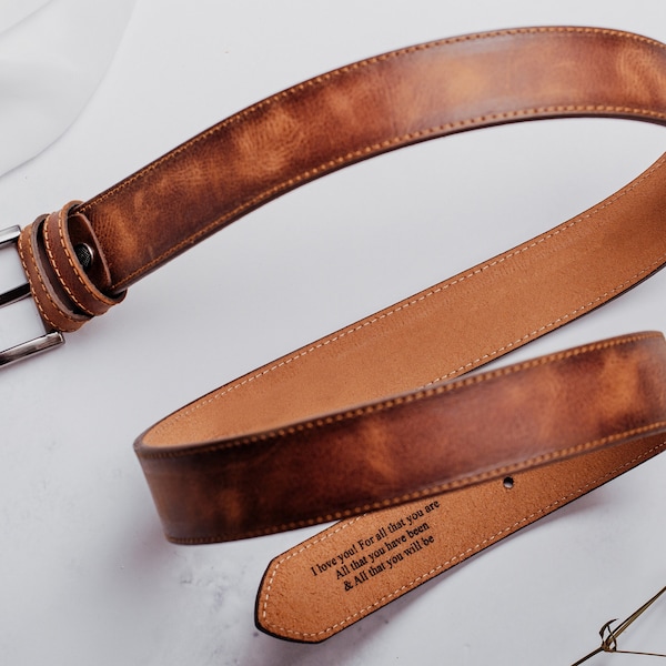 Personalized Genuine Leather Belt, Valentines Gifts for Him, Custom Engraved Mens Belt, Anniversary Gifts for Husband, Bronze Gifts for Men