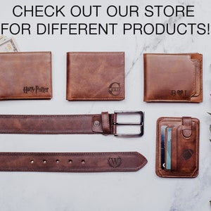 May include: Four brown leather wallets with different engravings, including "Harry Potter", a monogram, "B&L" with a heart, and a football. Two brown leather belts with engraved designs, one with a "W" and the other with a buckle.