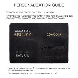 May include: A black leather personalization guide with instructions on how to personalize a product. The guide shows examples of text, numbers, and symbols that can be used. The text includes "GOLD FOIL", "ABC...YZ", "abc...yz", "NATURAL", "1234567890", "8 ♡&@#!?()", and "LIMIT YOUR CHARACTERS TO 9, OTHERWISE WE MAY USE A SMALLER FONT OR LASER ENGRAVING INSTEAD".