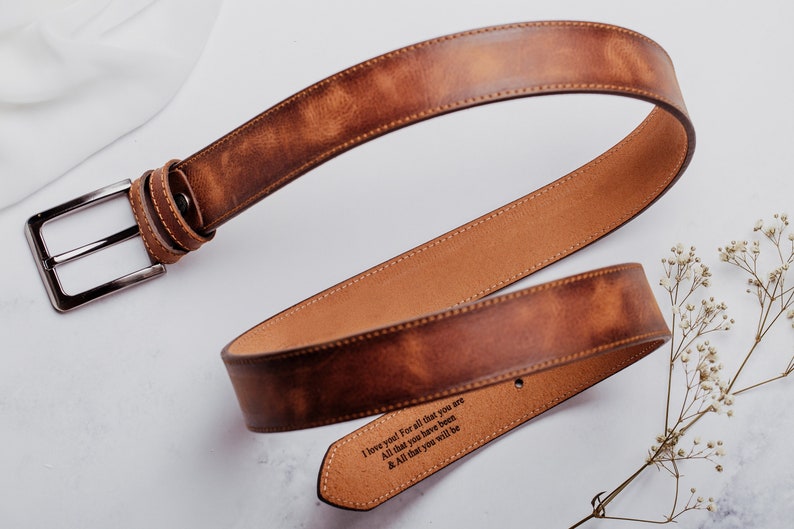 Personalized Genuine Leather Belt, Valentines Gifts for Him, Custom Engraved Mens Belt, Anniversary Gifts for Husband, Bronze Gifts for Men image 1