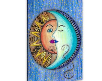 Original Celestial Moon Sun hand drawn art; acrylic pencils, 9x12 Unframed Paper,