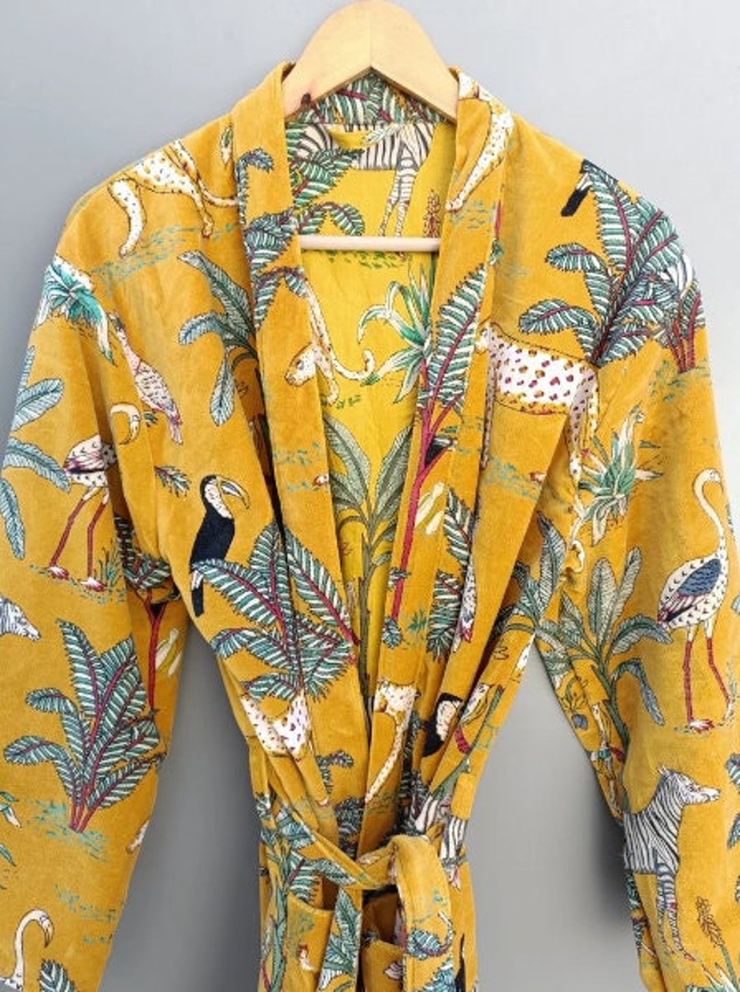 Yellow Animal Print Velvet Long Kimono Beach Wear Dress Gift - Etsy Yellow Animal Print Velvet Long Kimono Beach Wear Dress Gift - Etsy