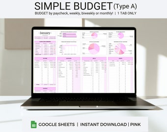 Simple Budget, Pink, Google Sheets, Monthly Budget Spreadsheet, Budgeting,  Budget Planner, Weekly Budget, Paycheck Budget, Budget Planner