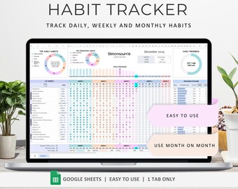 Seguimiento diario de hábitos Planificador semanal de hábitos Hoja de cálculo mensual de hábitos Gestión del tiempo Hojas de cálculo de Google Planificador diario de hábitos Plantilla de planificación de objetivos
