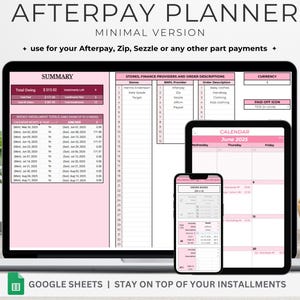 Pode incluir: Um ecrã de computador a mostrar uma folha de cálculo do Google com um esquema de cores rosa e branco. A folha é intitulada "Afterpay Planner" e foi concebida para ajudar os utilizadores a acompanhar os seus pagamentos Afterpay. A folha inclui uma secção de resumo, um calendário e uma secção para listar lojas, fornecedores de financiamento e descrições de encomendas. A folha foi concebida para ajudar os utilizadores a manter-se a par dos seus pagamentos.