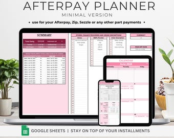 Planificador Afterpay, minimalista, rosa, hoja de cálculo Afterpay, planificador de facturas, planificador de cuotas, pago parcial, BNPL, compre ahora y pague después, código postal, Klarna