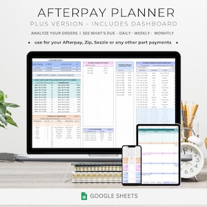 May include: A digital Afterpay planner displayed on a laptop, tablet, and smartphone. The screen shows a dashboard with order analysis and payment tracking. The text reads "Afterpay Planner" and "Analyze Your Orders." A clock, plants, and office supplies are also visible.