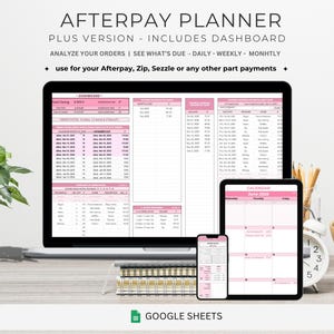 Pode incluir: Um planejador digital Afterpay exibido em um monitor de computador, tablet e smartphone. O planejador inclui visualizações de painel e calendário. O texto na tela diz "Afterpay Planner Plus Version" e "Analise seus pedidos".
