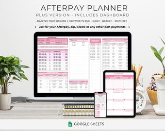 Planificador Afterpay Plus, Rosa, Afterpay Digital, Hoja de cálculo para el planificador de facturas, Planificador de cuotas, Pago parcial, BNPL, Compra ahora y paga después, Código postal
