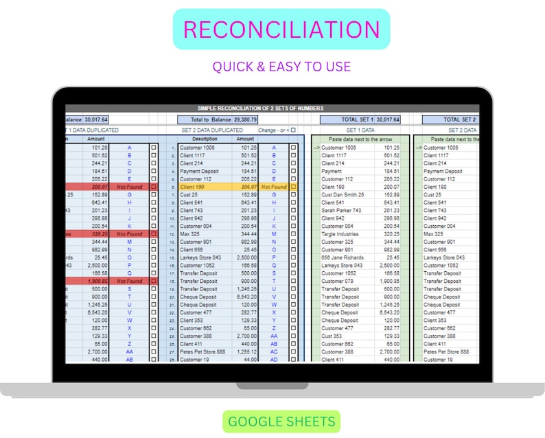 Reconciliation, 221 Entries, Google Sheets Reconciliation, Recon