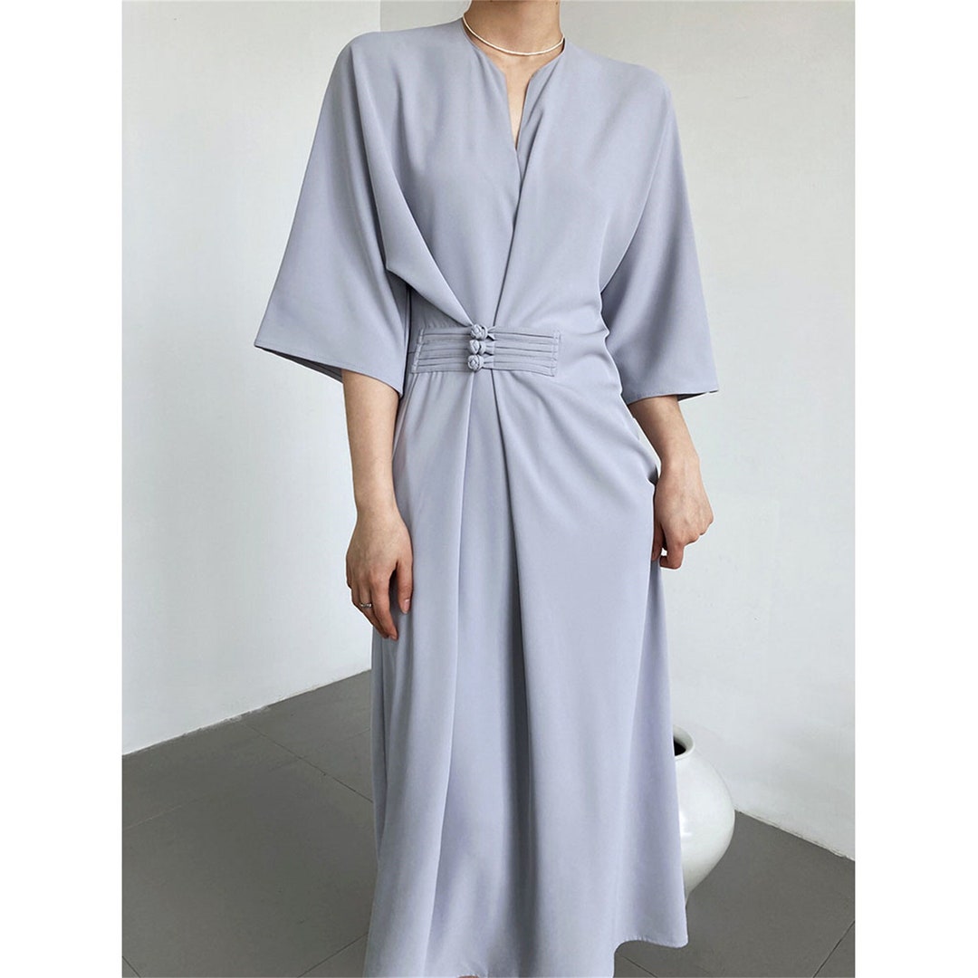 Baby Blue Chinese Knot Button Midi Dress Light Blue Slim Etsy