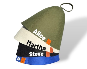 Personalisierter Sauna-Hut mit Namen oder Logo | 100% Wollfilz | Unisex Banya und Dampfbad Cap | 6 Farboptionen