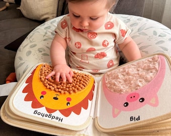 Personalized Christening Gift - Baby's First Touch and Feel Book with 18 Animal Textures, Sensory Book for Newborn
