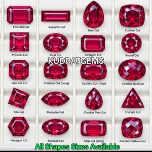 May include: A collection of twenty vibrant red gemstones displayed in a grid, each featuring a distinct cut labeled with text including Emerald, Baguette, Pear, Cushion, Princess, Oval, Octagon, Round, Asscher, Kite, Marquise, Triangle, Hexagon, and Football.
