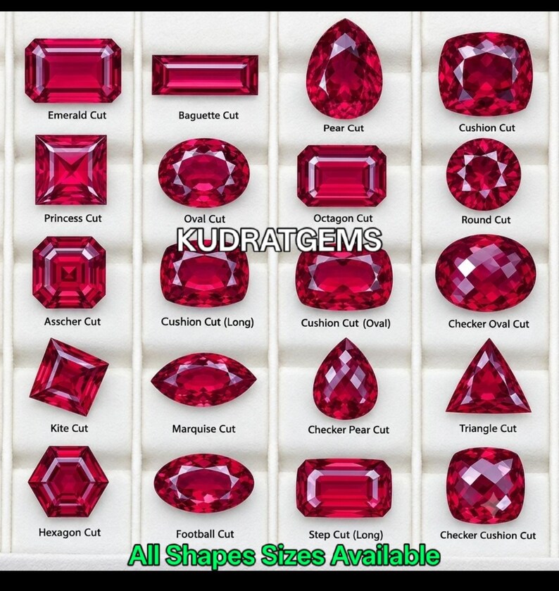 May include: A collection of twenty vibrant red gemstones displayed in a grid, each featuring a distinct cut labeled with text including Emerald, Baguette, Pear, Cushion, Princess, Oval, Octagon, Round, Asscher, Kite, Marquise, Triangle, Hexagon, and Football.