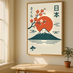 Japanese Sakura Wall Art Print | Mount Fuji & Cherry Blossoms | Minimalist Japan Poster | Digital Download | Asian Inspired Home Decor