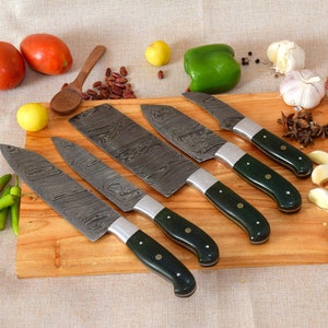 Handmade Damascus Chef set Of 5pcs With Leather,Damascus Knife Set,Damascus Chef Knife,Full Kitchen Knife Set,Damascus Chef Set,Newly Design