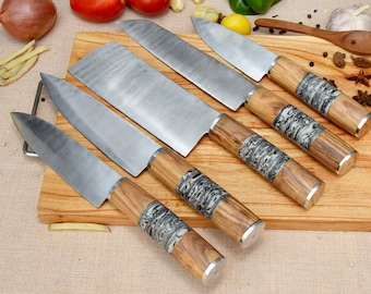 Aangepaste handgemaakte Damascus stalen KOKSMES Set van 5 stuks, Damascus koksmes set, stalen koksmes, keukenmessen set. Valentijn cadeau