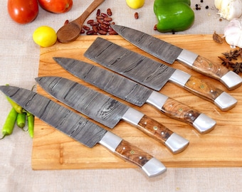 Custom Handmade Damascus steel CHEF'S KNIVE Set of 5Pcs With Leather Cover, Damascus Chef knife set, Damascus Chef Knife, Kitchen Knives Set