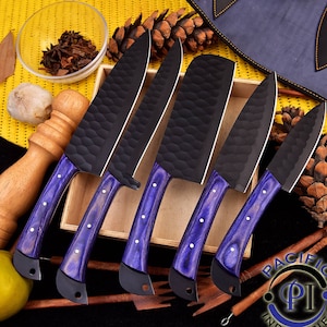 Complete 5-Piece Kitchen Knife Set with forged - Japanese style Chef Knife Set with Smooth Wooden Handles - Ultra Sharp for Fast Cutting