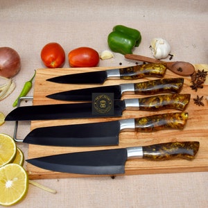 Handmade Damascus Chef set of 5pcs With Leather Cover,Kitchen knives set,Personalized gift,Kitchen knife set,Damascus knife,Christmas Gift